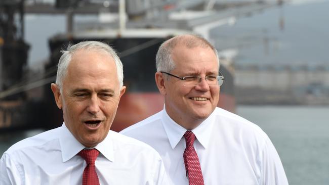 Malcolm Turnbull with treasurer Scott Morrison. Picture: AAP Image/Dean Lewins