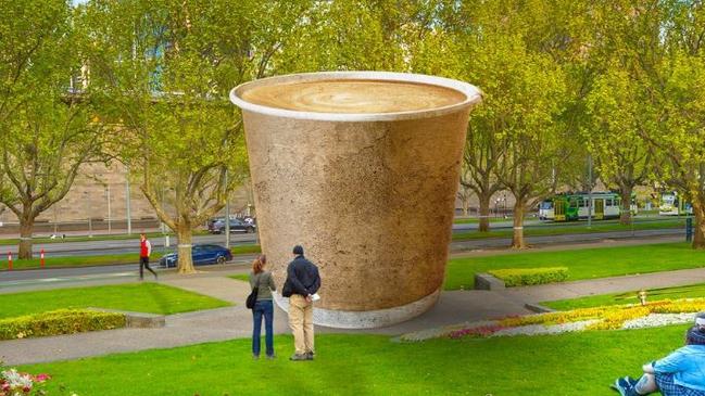 The City of Melbourne’s planned giant flat white statue, designed to rival Queensland’s Big Banana and Big Pineapple. Source: Facebook