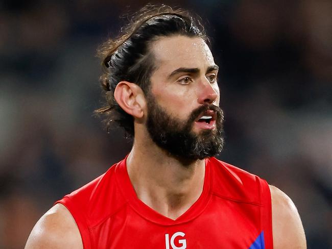 MELBOURNE, AUSTRALIA - AUGUST 12: Brodie Grundy of the Demons in action during the 2023 AFL Round 22 match between the Carlton Blues and the Melbourne Demons at Melbourne Cricket Ground on August 12, 2023 in Melbourne, Australia. (Photo by Dylan Burns/AFL Photos via Getty Images)