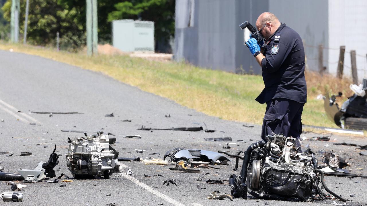 Forensic police investigating at the scene of a car crash in Brightview, west of Brisbane. Picture: Liam Kidston.