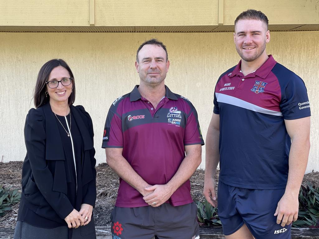 Mackay SHS principal Felicity Roberts, Cutters head of football Kim Williams and Mackay SHS coach Jack Brock pictured in 2021. Picture: Max O'Driscoll.