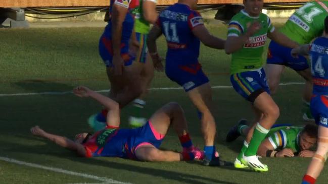 Kalyn Ponga fell hard to the turf in a clumsy Raiders tackle. Photo: Fox League.