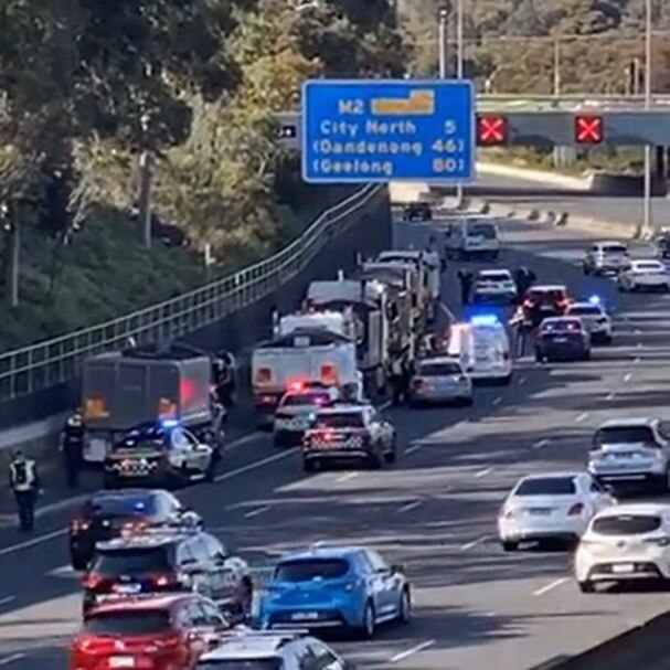 Police seemed to have foiled the small truck protest on the Tullamarine Freeway. Picture: Twitter/@paul_dowsley