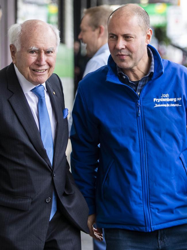 Treasurer Josh Frydbenberg in his seat of Kooyong with former PM John Howard. Picture: Aaron Francis