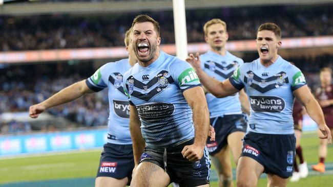 NRL State of Origin. 06/06/2018. NSW Blues vs QLD Maroons at the MCG.  New South WalesÕ James Tedesco scores the opening try for NSW     . Pic: Michael Klein