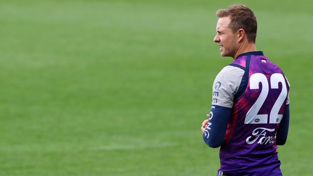 Mitch Duncan on light duties at Geelong training. Picture: Alison Wynd