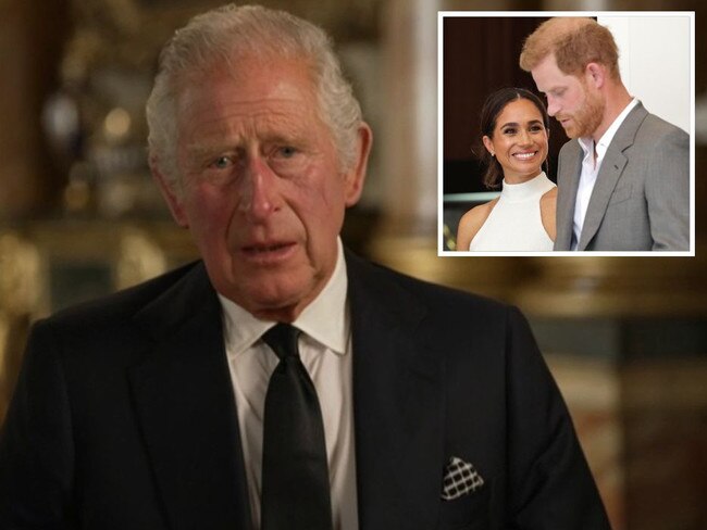 King Charles III during his first televised address, which included a mention of Meghan and Harry.