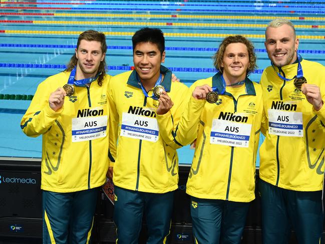 MELBOURNE, AUSTRALIA - DECEMBER 18: Joint Gold medallists Isaac Cooper, Joshua Yong, Matthew Temple and Kyle Chalmers of Australia pose during the medal ceremony for the Men's 4x100m Medley Relay Final on day six of the 2022 FINA World Short Course Swimming Championships at Melbourne Sports and Aquatic Centre on December 18, 2022 in Melbourne, Australia. (Photo by Quinn Rooney/Getty Images)