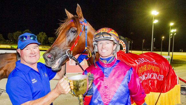 Trainer Scott Ewen and driver James Herbertson with Bulletproof Boy. Picture: Stuart McCormick