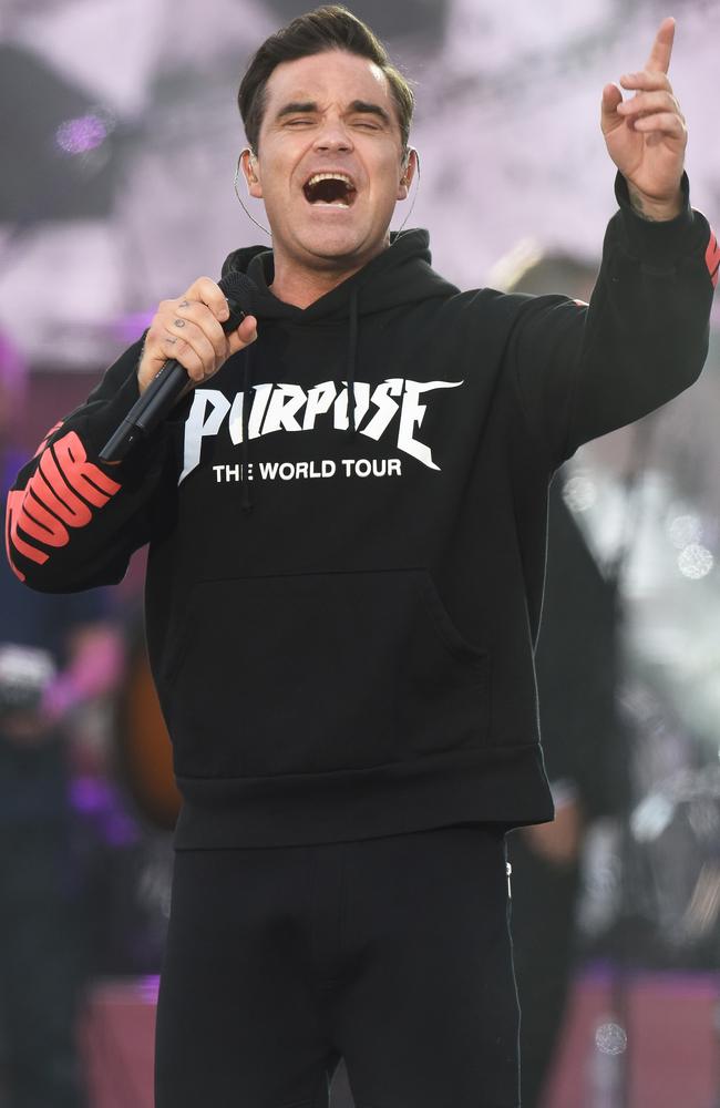 Robbie Williams’ emotional performance at One Love in Manchester. Picture: Getty Images/Dave Hogan for One Love Manchester