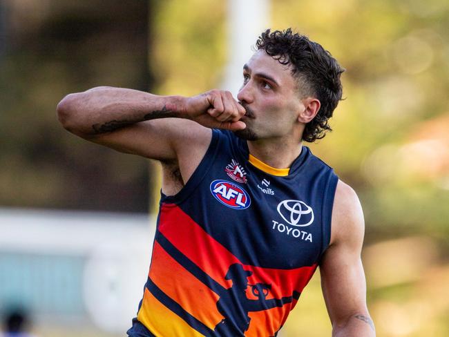 HOBART, AUSTRALIA - APRIL 27: Izak Rankine celebrates a goal for Adelaide Crows during the 2024 AFL Round 07 match between the North Melbourne Kangaroos and the Adelaide Crows at Blundstone Arena on April 27, 2024 in Hobart, Australia. (Photo by Linda Higginson/AFL Photos via Getty Images)