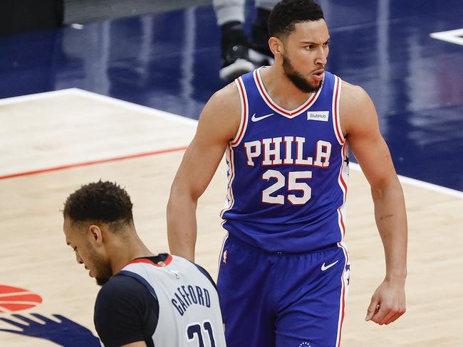 WASHINGTON, DC - MAY 31: Ben Simmons #25 of the Philadelphia 76ers celebrates during the first quarter against the Washington Wizards during Game Four of the Eastern Conference first round series at Capital One Arena on May 31, 2021 in Washington, DC. NOTE TO USER: User expressly acknowledges and agrees that, by downloading and or using this photograph, User is consenting to the terms and conditions of the Getty Images License Agreement.   Tim Nwachukwu/Getty Images/AFP == FOR NEWSPAPERS, INTERNET, TELCOS & TELEVISION USE ONLY ==