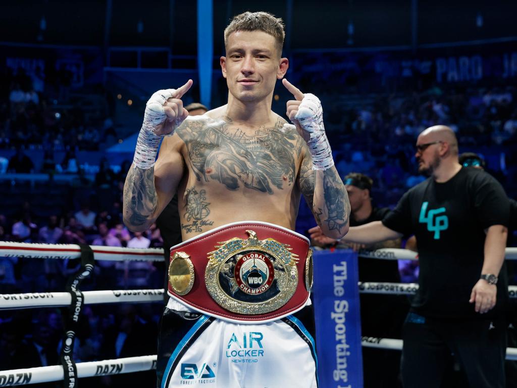 Liam Paro celebrates winning his fight against Brock Jarvis after their super lightweight title bout at Southbank Plaza on October 15, 2022 in Brisbane, Australia. (Photo by Russell Freeman/Getty Images)