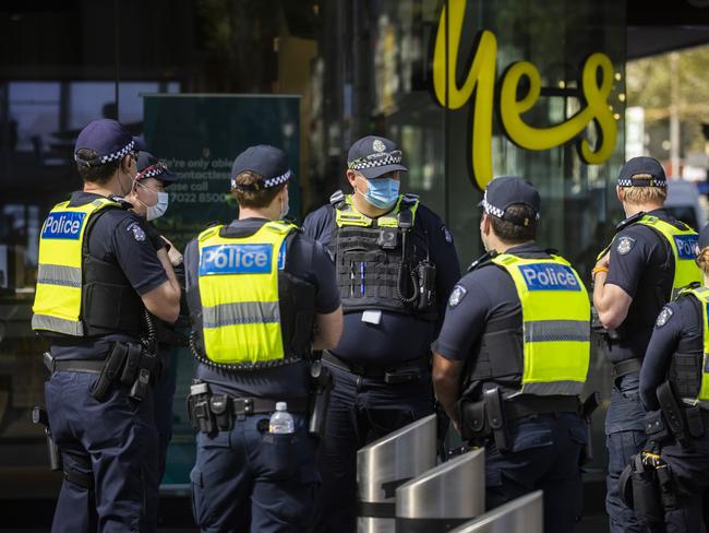 Police are out and about on the streets of Melbourne, checking compliance, on Sunday. Picture: NCA NewsWire / Paul Jeffers