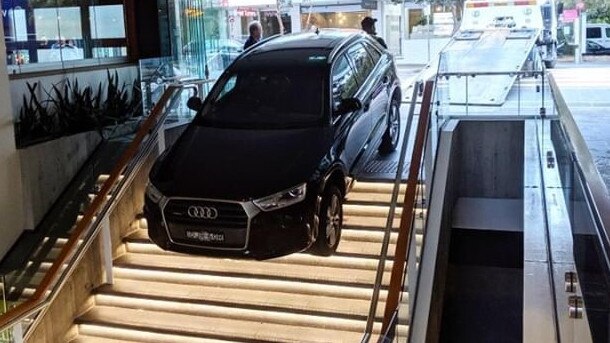 A supplied image obtained on Monday, August 12, 2019, of a SUV that ran off the road and into a shopping complex on Hall St, Bondi Beach, Sydney.Picture: Luc Wiesman/D'Marge Magazine