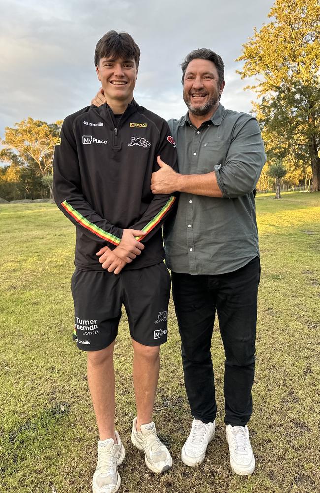 Buster Hindmarsh with his dad and Parramatta Eels league legend Nathan.
