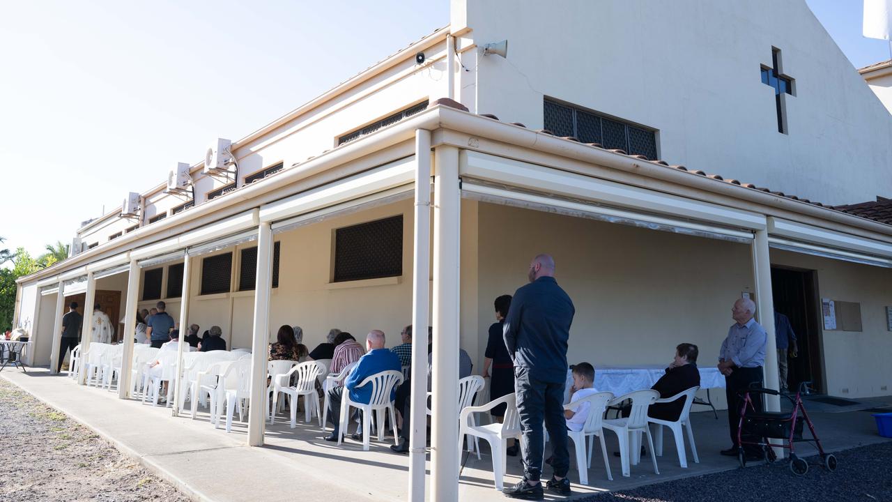 Sunday service has been undertaken outside of St Andrews Greek Orthodox Church. Picture: Morgan Sette