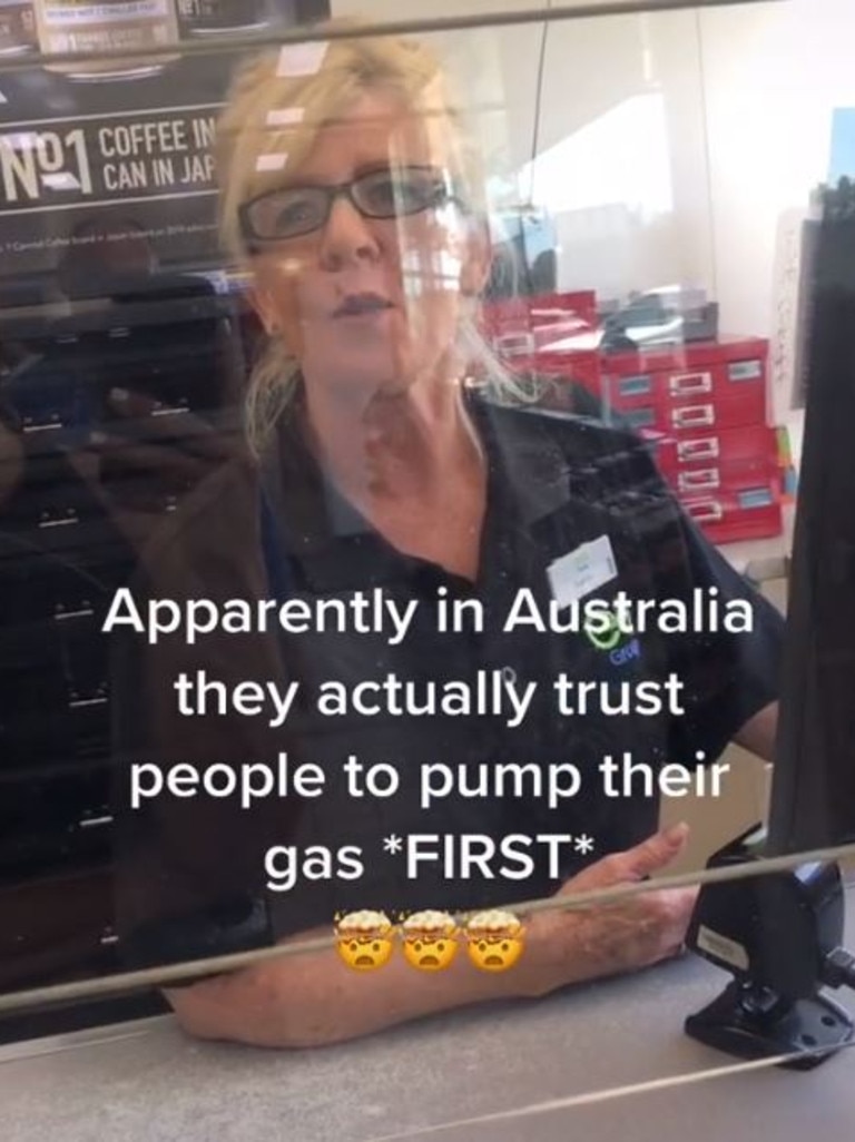 After queuing inside to pay for her petrol upfront like she does at home, she couldn’t believe you have to pump first in Australia. Picture: TikTok/RachelBalkovec