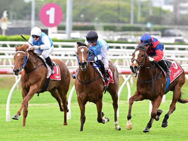 Kahlisee wins at Eagle Farm for trainer Chris Munce and jockey Sam Collett. Picture: Grant Peters, Trackside Photography