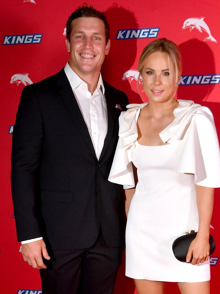 Jarrod Wallace and Shannon Wells on the red carpet at the Dolphins’ season launch. Picture: John Gass