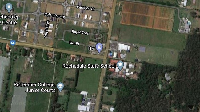 Rochedale State School, which has more than 1000 students, is serviced only by one signalled pedestrian crossing, at the intersection of Miles Platting Rd. Single-lane Rochedale Rd has more than 11,000 car trips each day. One school parent who did not want to be named said afternoon pick-up is now a dangerous gridlock. Picture: Google Maps