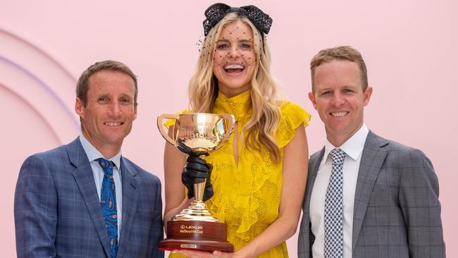 Damien Oliver, Melbourne Cup Carnival ambassador Tegan Martin and Melbourne Cup Tour ambassador Kerrin McEvoy. Picture: Jason Edwards