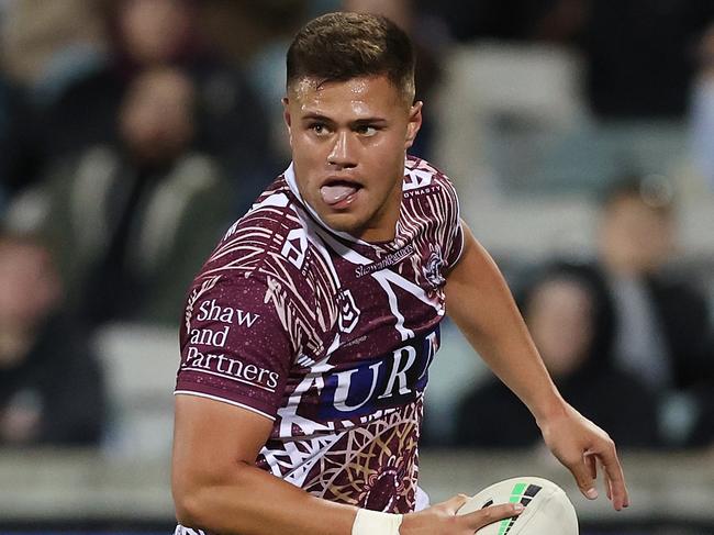 CANBERRA, AUSTRALIA - MAY 21:  Josh Schuster of the Sea Eagles scores a try during the round 12 NRL match between Canberra Raiders and Manly Sea Eagles at GIO Stadium on May 21, 2023 in Canberra, Australia. (Photo by Mark Metcalfe/Getty Images)