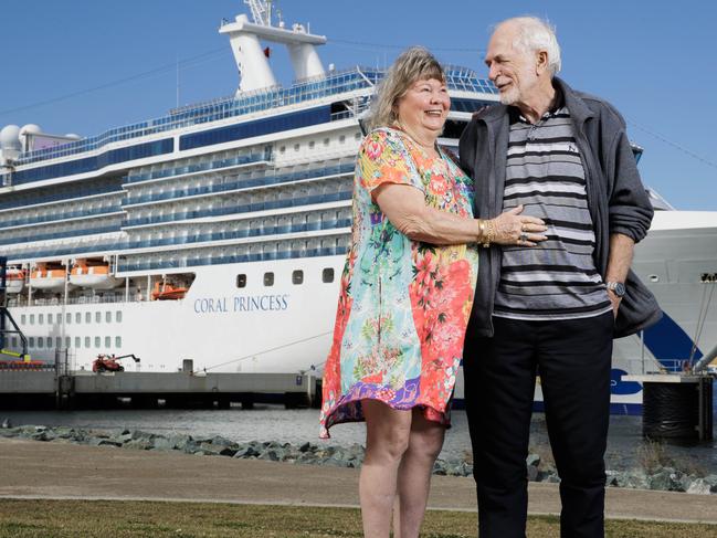 Cruisers Jessica and Marty Ansen at Brisbane Cruise Terminal on Tuesday where they are halfway through their two-year journey on-board Coral Princess. Picture: Lachie Millard