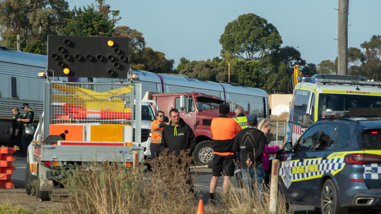 Fatal accident after a truck collided with a train at the railway crossing on Barwon Terrace in South Geelong. Picture: Brad Fleet