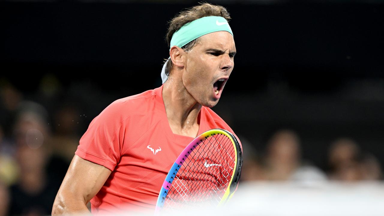 *** BESTPIX *** BRISBANE, AUSTRALIA - JANUARY 02: Rafael Nadal of Spain celebrates after winning a point in his match against Dominic Thiem of Austria during day two of the 2024 Brisbane International at Queensland Tennis Centre on January 02, 2024 in Brisbane, Australia. (Photo by Bradley Kanaris/Getty Images)