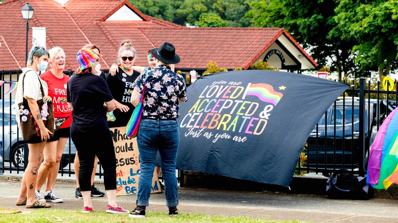 Former students gather to protest outside Citipointe Christian College, Carindale on Monday. Picture: Richard Walker