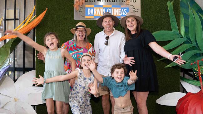 Billie martin (6), Debby Forester, Steve Martin, Tara Martin, front Piper martin (8) and Remy Martin (5) at the 2023 Darwin Cup Carnival Guineas Day. Picture: Pema Tamang Pakhrin