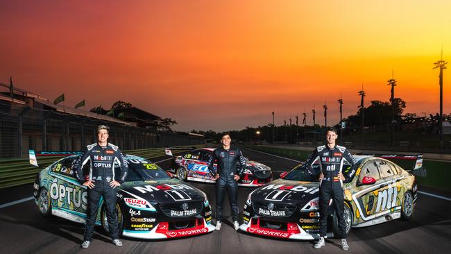 All three WAU cars are sporting spectacular Indigenous livery, each with its own story. The WAU team (from left) Chaz Mostert, Jayden Ojeda and Nick Percat. Picture: Daniel Kalisz.