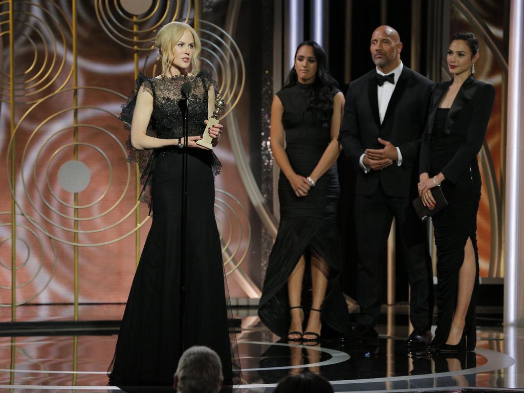 Nicole Kidman accepts the award for Best Performance by an Actress in a Limited Series or Motion Picture Made for Television for “Big Little Lies” during the 75th Annual Golden Globe Awards. Picture: Getty