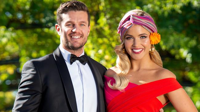 Miss Universe Australia Olivia Rogers and her partner Justin McKeone getting ready for the VRC Young Members Ball which has a Havana Nights theme. Picture: Jay Town