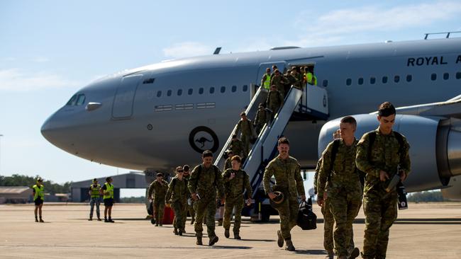 Australian Army soldiers disembark a Royal Australian Air Force KC-30A Multi-Role Tanker Transport at RAAF base Darwin. Picture: Annie Richardson