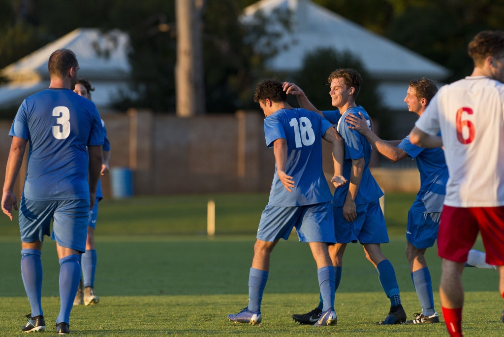 South West Queensland Thunder celebrate a goal against Redlands United in NPL Queensland men round eight football at Clive Berghofer Stadium, Saturday, March 23, 2019. Picture: Kevin Farmer