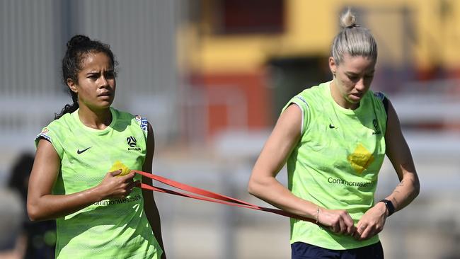 Matildas pair Mary Fowler (left) and Alanna Kennedy are preparing to meet New Zealand on Friday night at Queensland Country Bank Stadium. Picture: Ian Hitchcock/Getty Images