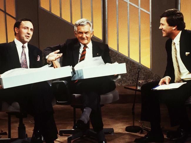 Prime Minister Bob Hawke and Treasurer Paul Keating interviewed by host Ray Martin on the TV show 'Midday', during the 1989 election campaign. Picture: News Corp Australia