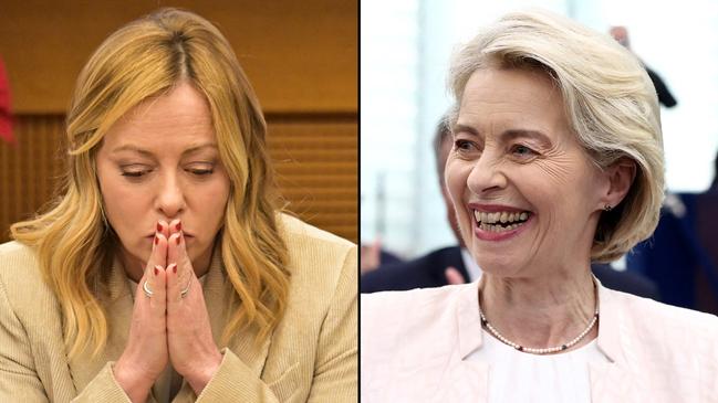 Georgia Meloni, left, abstained from backing Ursula von der Leyen for another term as president of the European Commission. Pictures: The Times