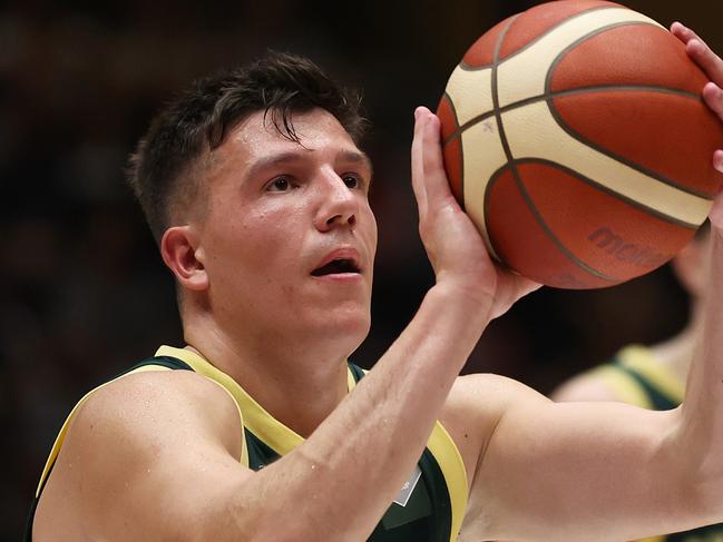 BENDIGO, AUSTRALIA - FEBRUARY 22: Dejan Vasiljevic of Australia shoots a free throw during the FIBA Asia Cup 2025 Qualifying match between Australia Boomers and Korea at Red Energy Arena on February 22, 2024 in Bendigo, Australia. (Photo by Daniel Pockett/Getty Images)