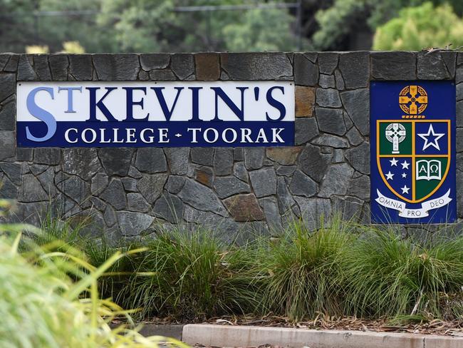 Signage is seen at St Kevin's College in Toorak, Melbourne, Thursday, February 20, 2020. Court action by a teacher has put more pressure on St Kevin's College in Melbourne after the school's headmaster resigned following a child-grooming scandal. (AAP Image/Erik Anderson) NO ARCHIVING