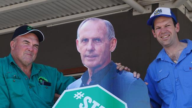 Marty Bella and Senator Matt Canavan with a cardboard cutout of Bob Brown at Clermont. Picture: William Rollo