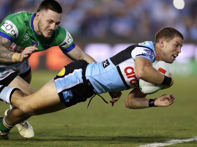 SYDNEY, AUSTRALIA - MARCH 31: Blayke Brailey of the Sharks scores a try during the round four NRL match between Cronulla Sharks and Canberra Raiders at PointsBet Stadium, on March 31, 2024, in Sydney, Australia. (Photo by Cameron Spencer/Getty Images)