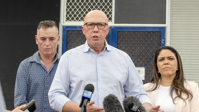 Action for Alice founder Darren Clark pictured with opposition leader Peter Dutton and senator Jacinta Price. Mr Clark’s Facebook page has drawn national media attention for its “uncensored” coverage of Alice Springs’ crime crisis.