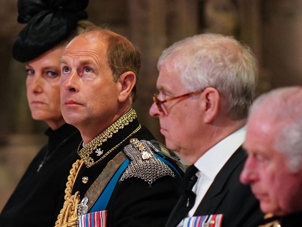 (L-R) Sophie, Countess of Wessex, Prince Edward, Earl of Wessex, Prince Andrew, Duke of York and King Charles III. Picture: AFP