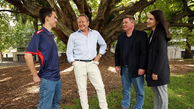 Andrew Forrest, pictured with Jacob Tzrecinski and his parents Paul and Mia, has pledged $10 million to the brain cancer battle.