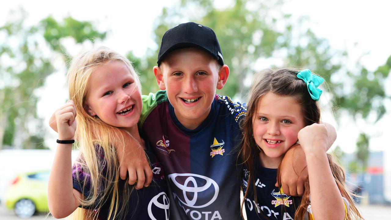 Socials from the North Queensland Cowboys v Parramatta Eels NRL game from 1300 Smiles Stadium. Charlie Jensen, 7, Jesse Jensen, 12 and Ruby Hall, 7. Picture: Zak Simmonds