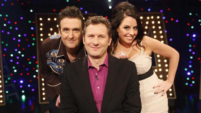 Alan Brough, Adam Hills and Myf Warhurst at Spicks and Specks finale in 2011. Picture: Supplied