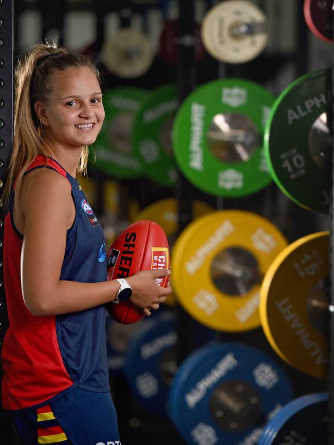 Crows player Danielle Ponter in the club’s West Lakes gym. Picture: NAOMI JELLICOE